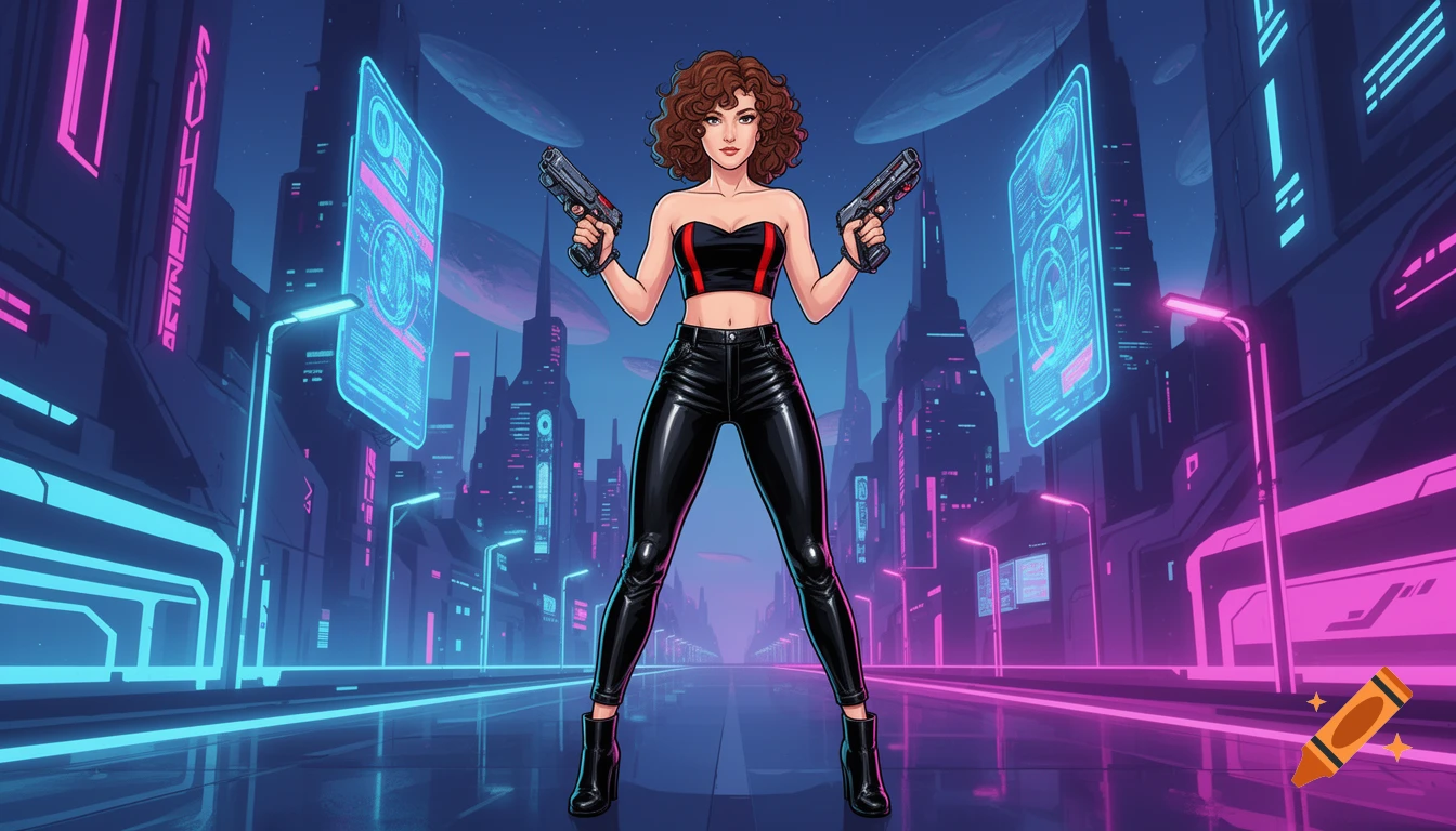 Illustrated short fit curly brown-haired woman in a crop top and leather pants, holding dual pistols in a neon alien cyberpunk city at night.