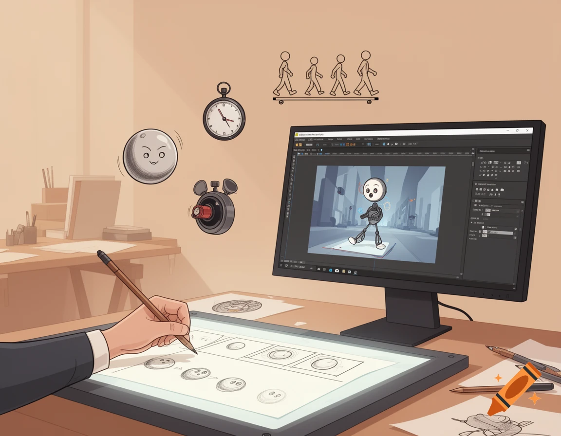 A hand draws animation keyframes on a light table. A computer monitor displays 2D animation software with a character. Floating icons depict animation concepts.