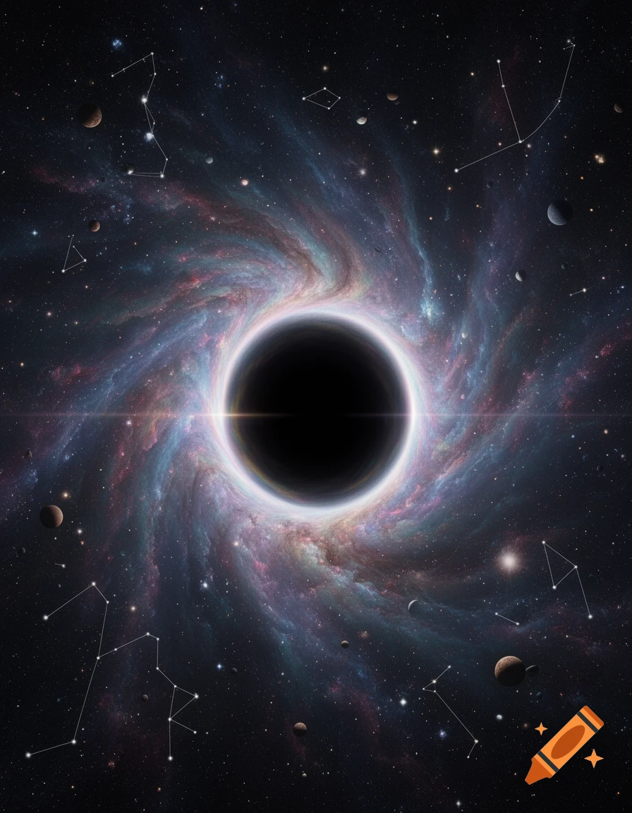 A hyperrealistic black hole with a bright ring, surrounded by swirling colorful nebulae, planets, and constellations in deep space.