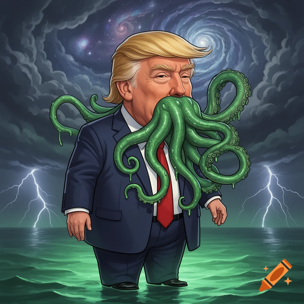 Illustrative caricature of Donald Trump with green Cthulhu tentacles from his mouth, standing in a stormy green sea with lightning.