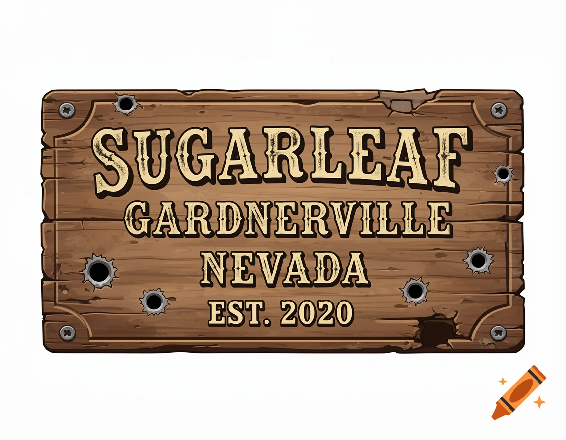 A weathered wooden sign with bullet holes, featuring the text 'SUGARLEAF GARDNERVILLE NEVADA EST. 2020' in a western-style font.