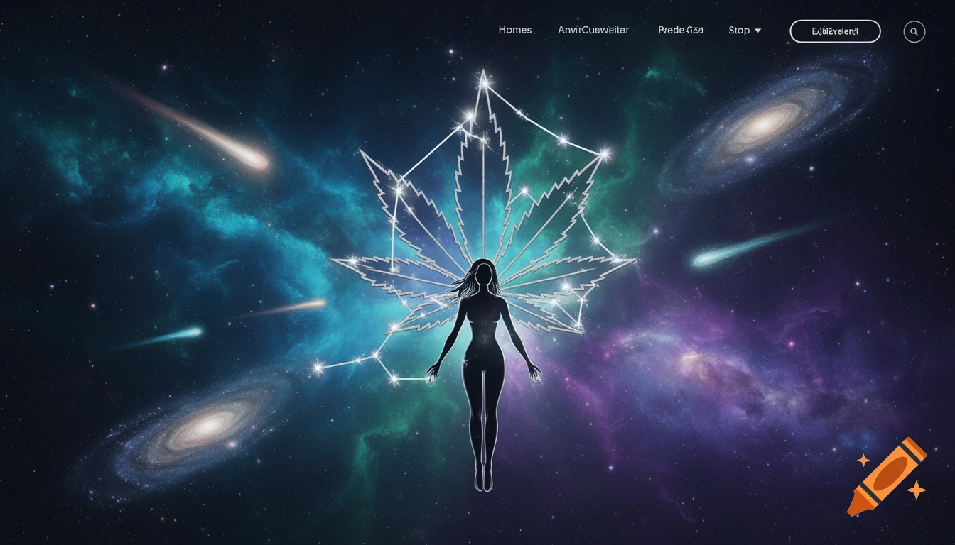 A silhouetted woman floats in a vibrant cosmic scene with galaxies, nebulae, and comets, a glittering cannabis leaf constellation behind her.