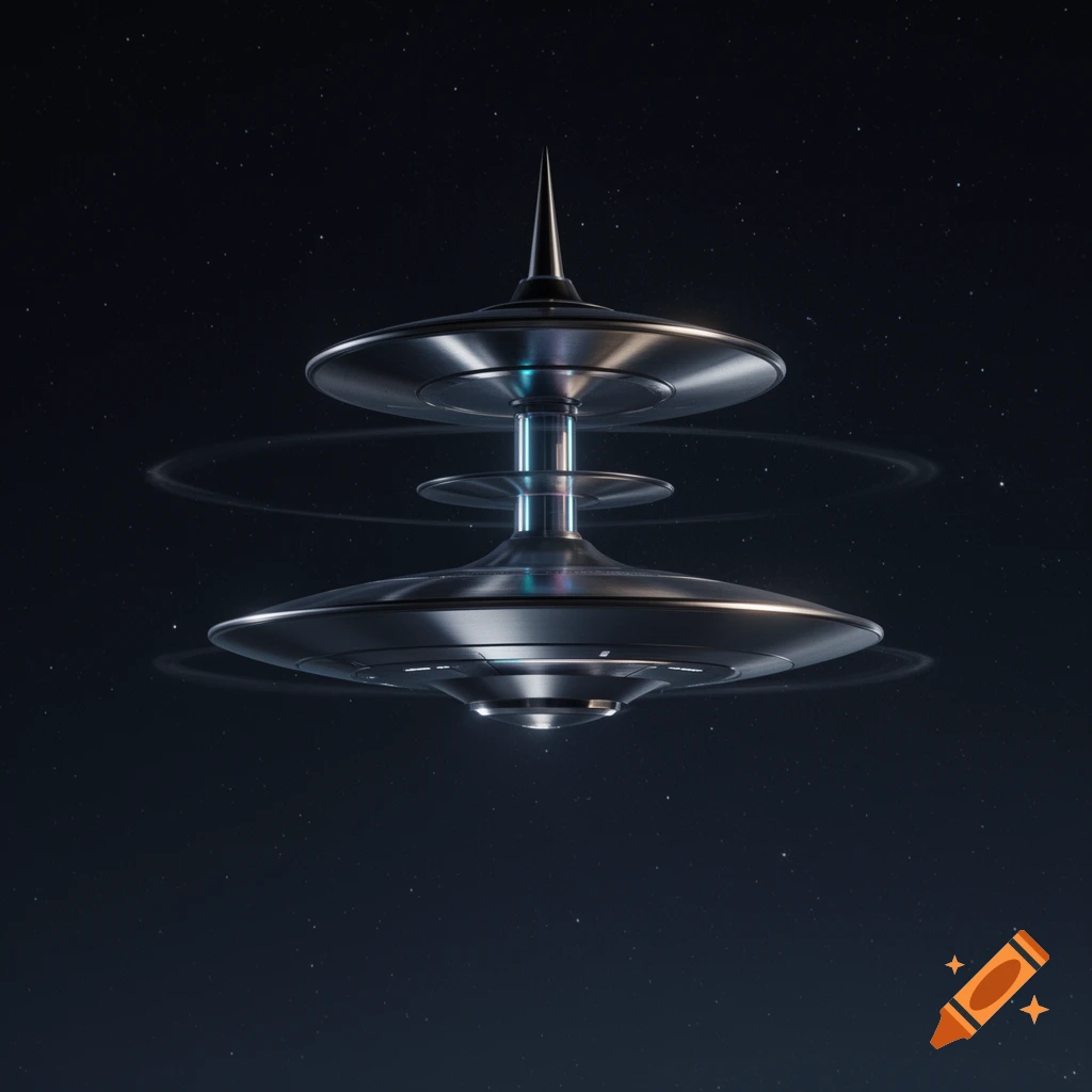A metallic, multi-layered UFO with three superimposed saucers connected by a central tube and a pointed top, hovering in a starry dark space.