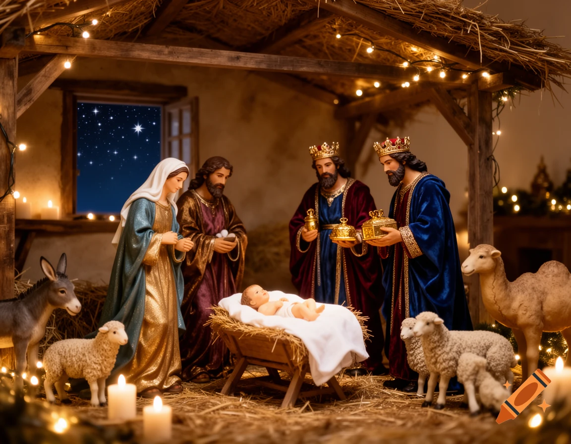 A photorealistic Christmas nativity scene with Mary, Joseph, baby Jesus, three kings, a donkey, sheep, and a camel under a stable with string lights and a star-filled night sky.