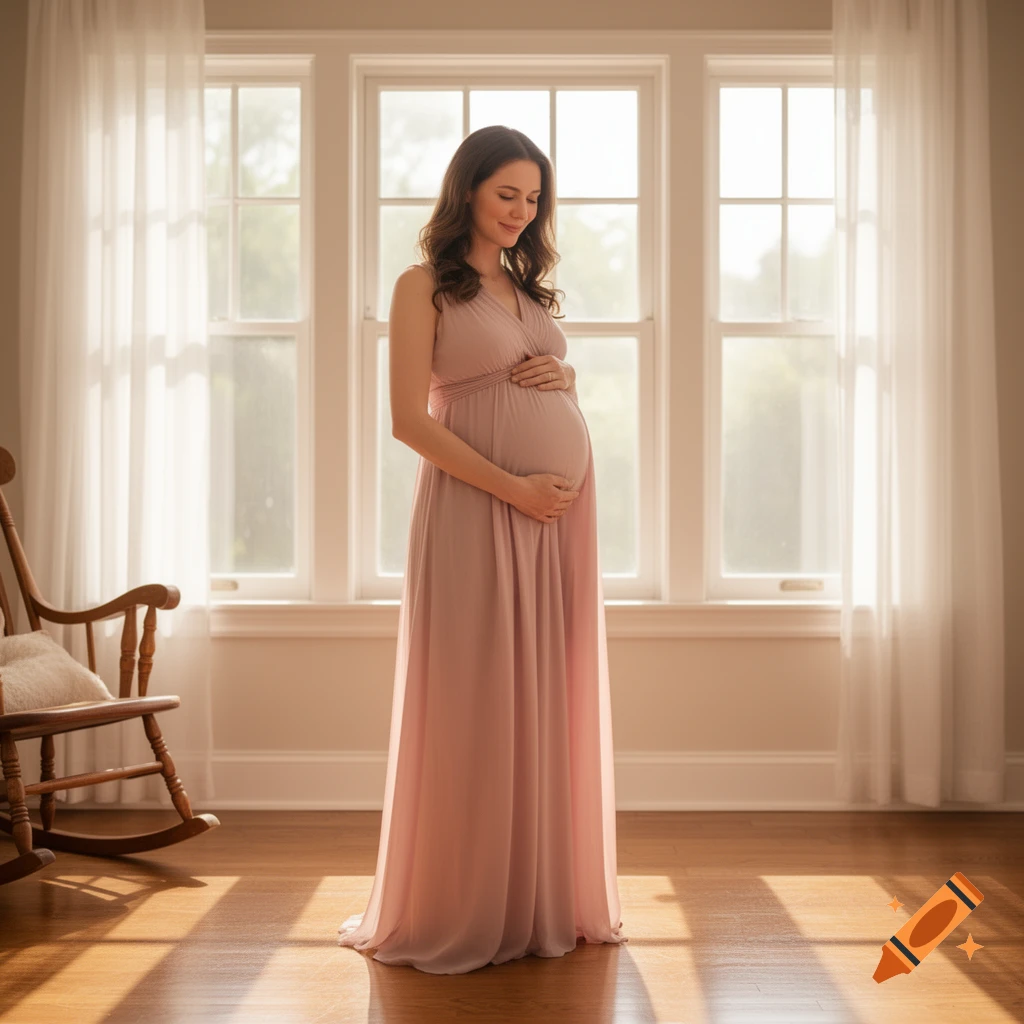 A pregnant woman in a pink dress gently holds her belly while standing by sunlit windows in a warm room.