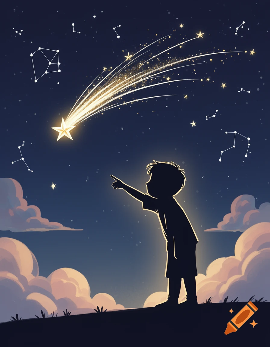 A cartoon illustration of a boy's silhouette pointing at a bright shooting star in a starry night sky with clouds.