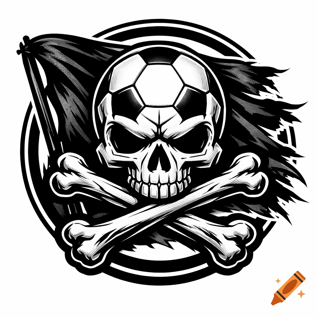 Black and white football skull and crossbones logo with a torn flag background.
