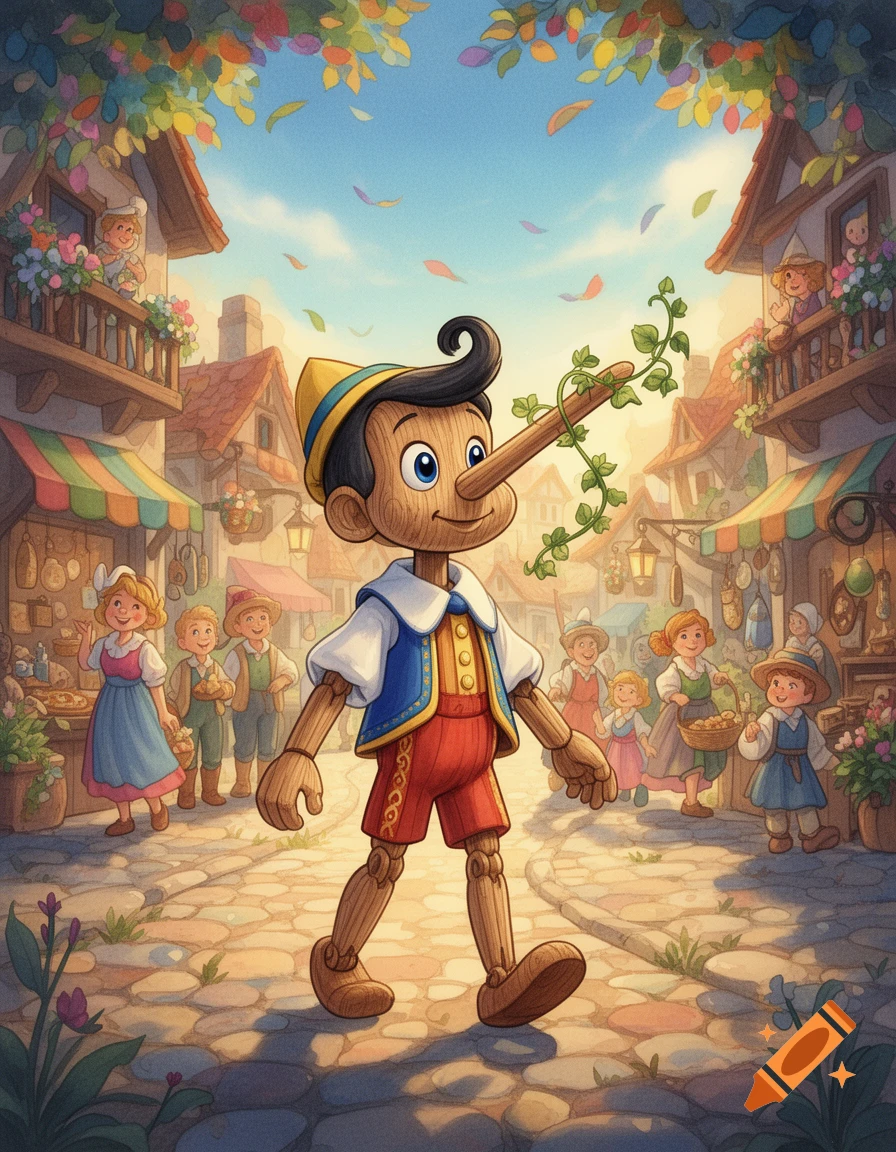 Pinocchio with a vine-covered long nose walks through a vibrant, whimsical storybook village street, with townspeople and shops in the background.