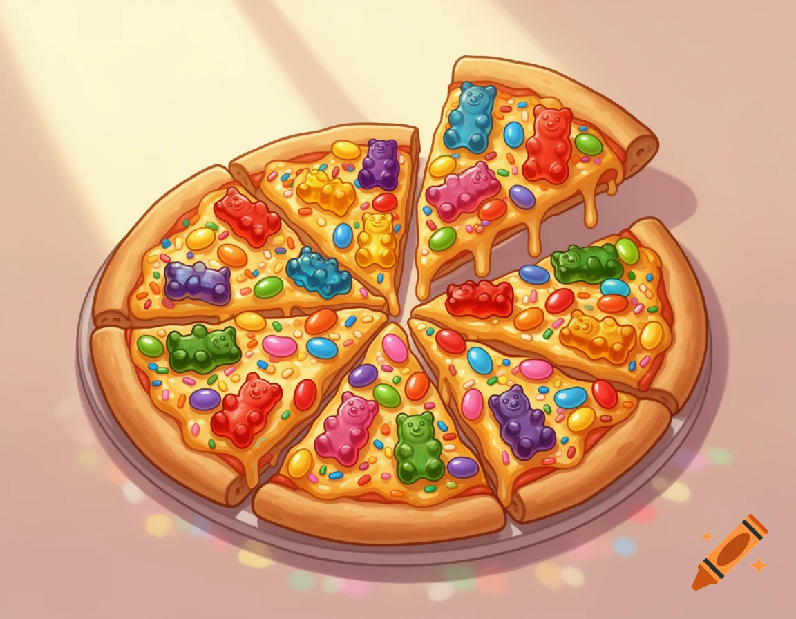 A cartoon-style pizza topped with colorful gummy bears, jelly beans, and sprinkles, with one slice pulled away, on a light background.