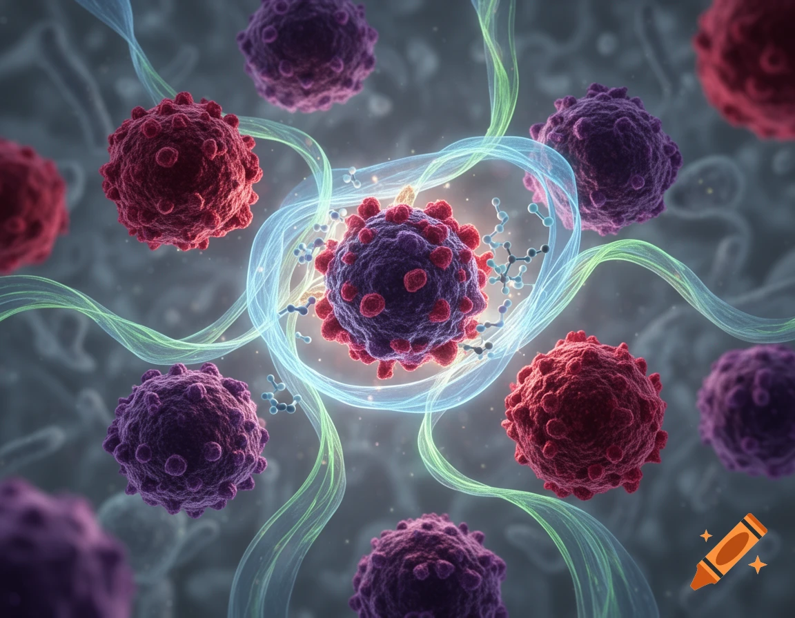 Microscopic view of spiky red and purple cells linked by glowing blue and green strands, surrounded by tiny molecules.