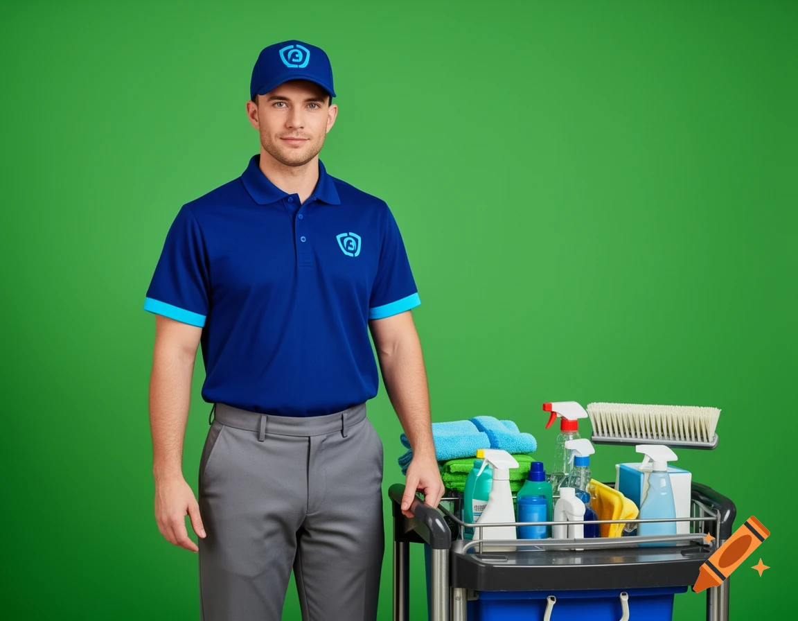 A man in a blue polo shirt, grey pants, and a blue cap stands next to a cleaning cart against a green background.