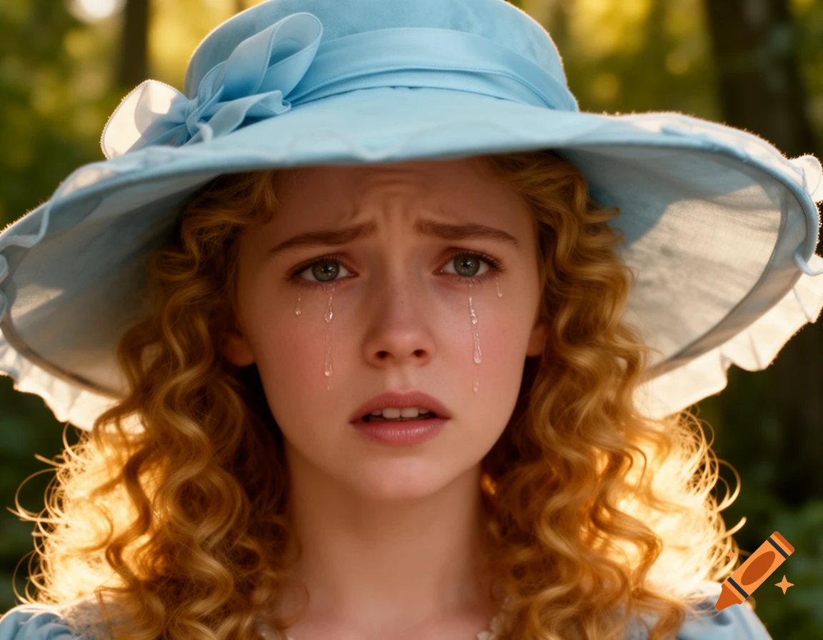 Close-up photorealistic portrait of a sad young girl with golden curly hair and a light blue hat, crying with tears streaming down her face.