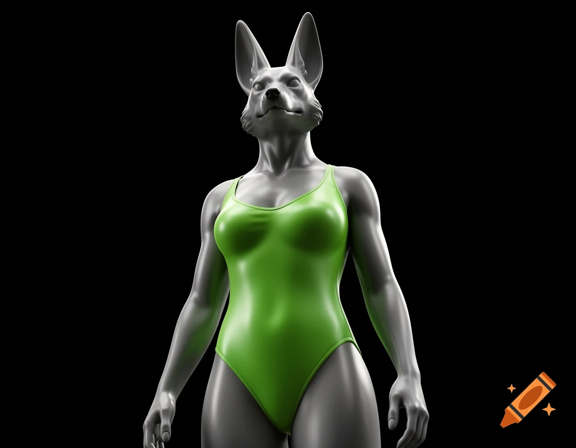 A 3D render of a grey anthropomorphic jackal in a shiny green one-piece swimsuit, against a black background.