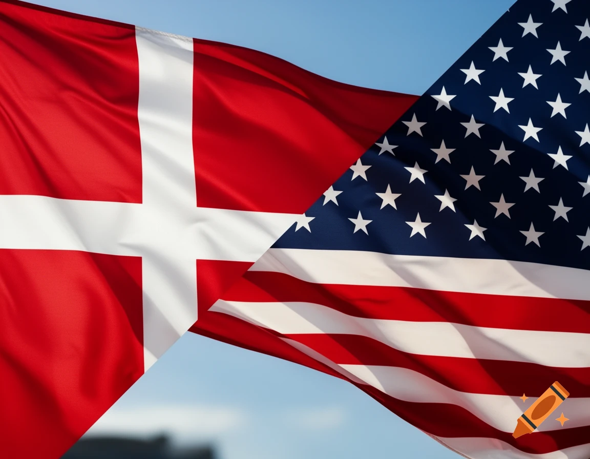 A split diagonal image combining the waving national flags of Denmark and the United States against a blue sky.
