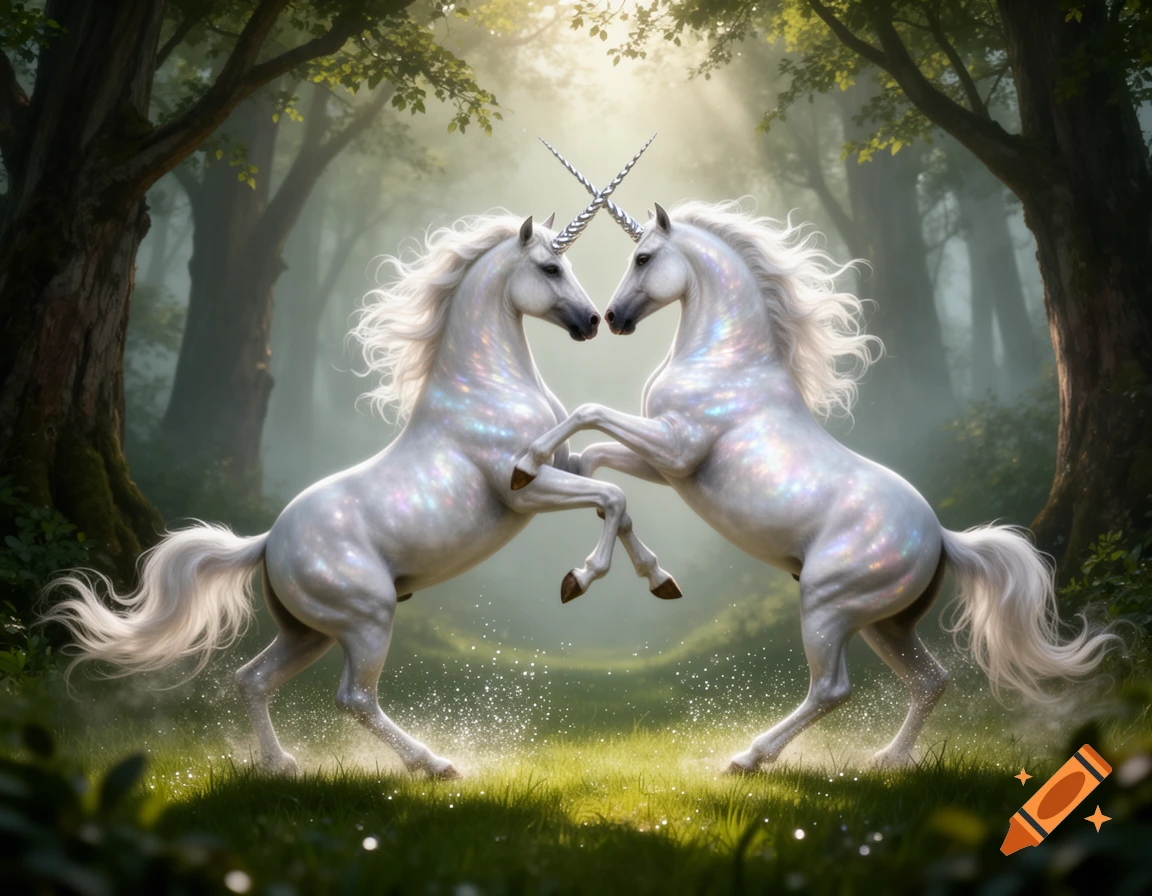 Two white unicorns with sparkling bodies rear up, facing each other in a misty, sunlit magical forest.
