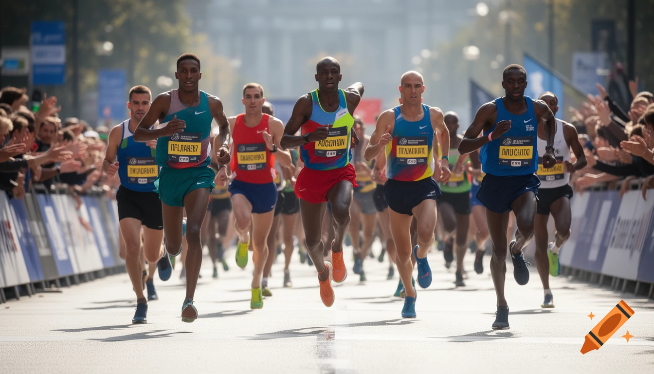 Photorealistic image of male marathon runners sprinting on a sunny street, cheered on by spectators.