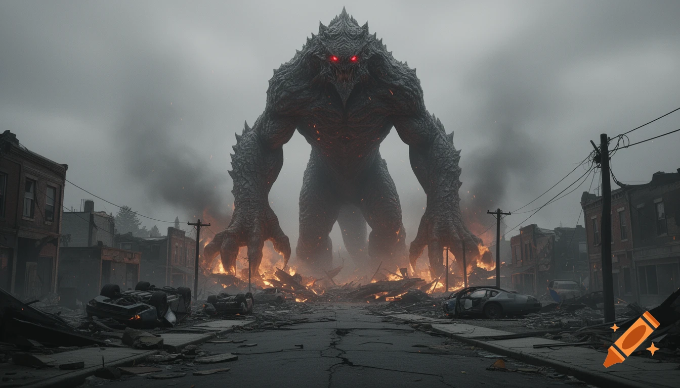 A giant, dark monster with glowing red eyes stands amidst a burning, destroyed town, with overturned cars and rubble.