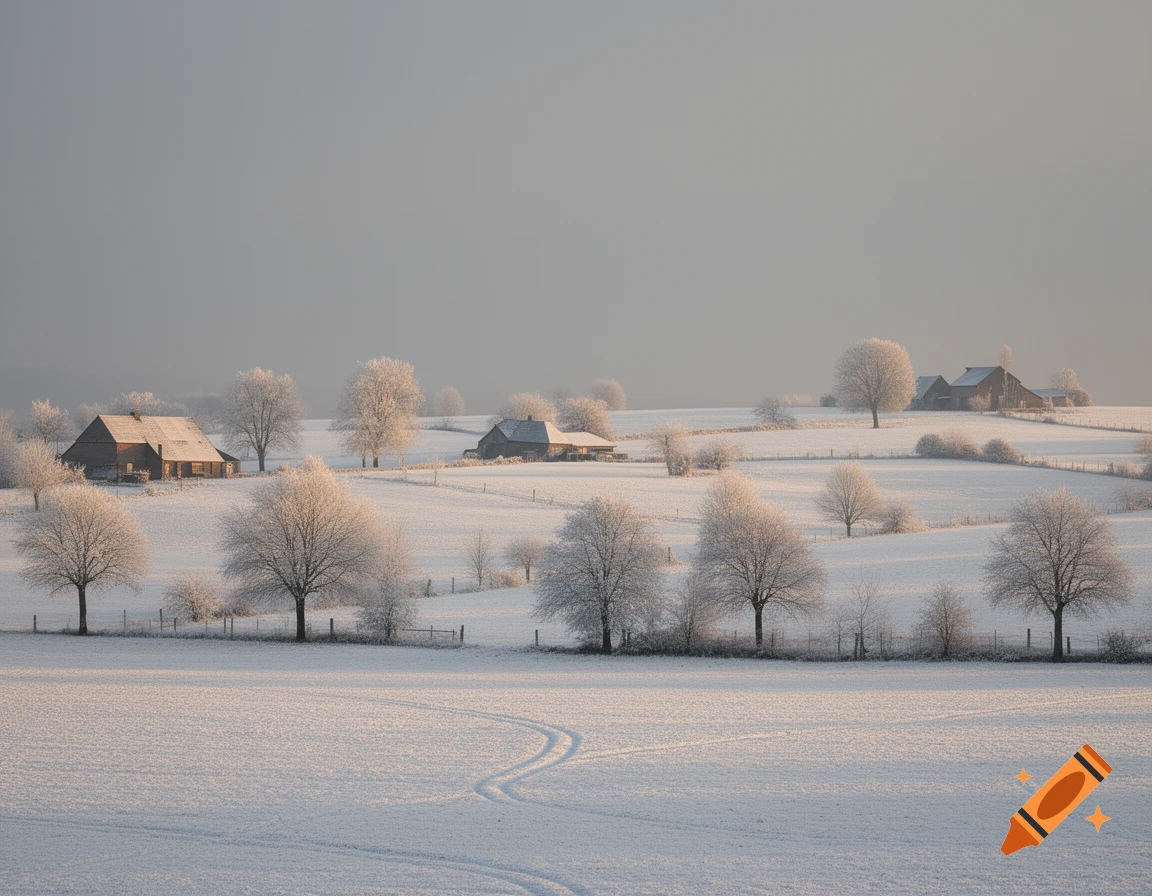 A serene winter landscape with snow-covered fields, frosted trees, and ...