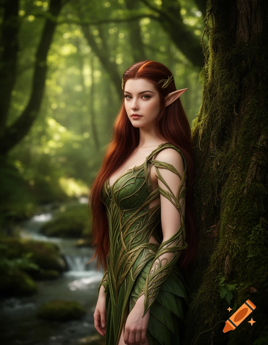 A photorealistic depiction of an elf woman with long red hair and pointed ears, wearing a green leafy dress, standing in a lush green forest by a stream.