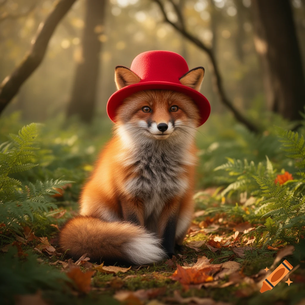 A cute, fluffy red fox wearing a small red top hat sits in a forest ...
