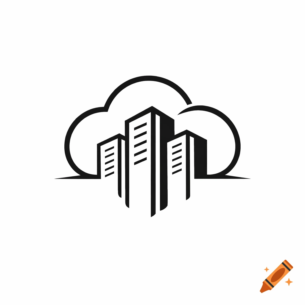 Black and white line art logo featuring three stylized buildings inside a cloud shape, representing a data center.