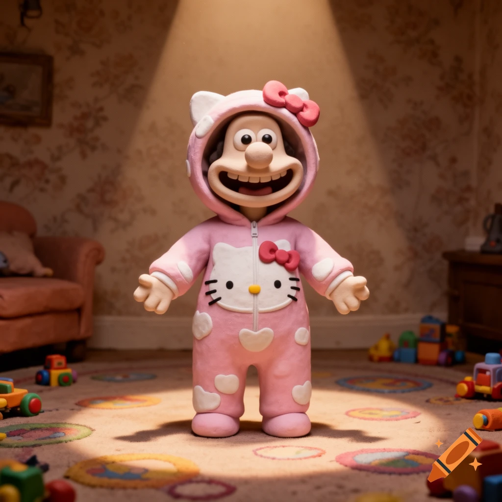 A claymation Wallace wearing a pink Hello Kitty onesie, smiling in a child's room with toys.