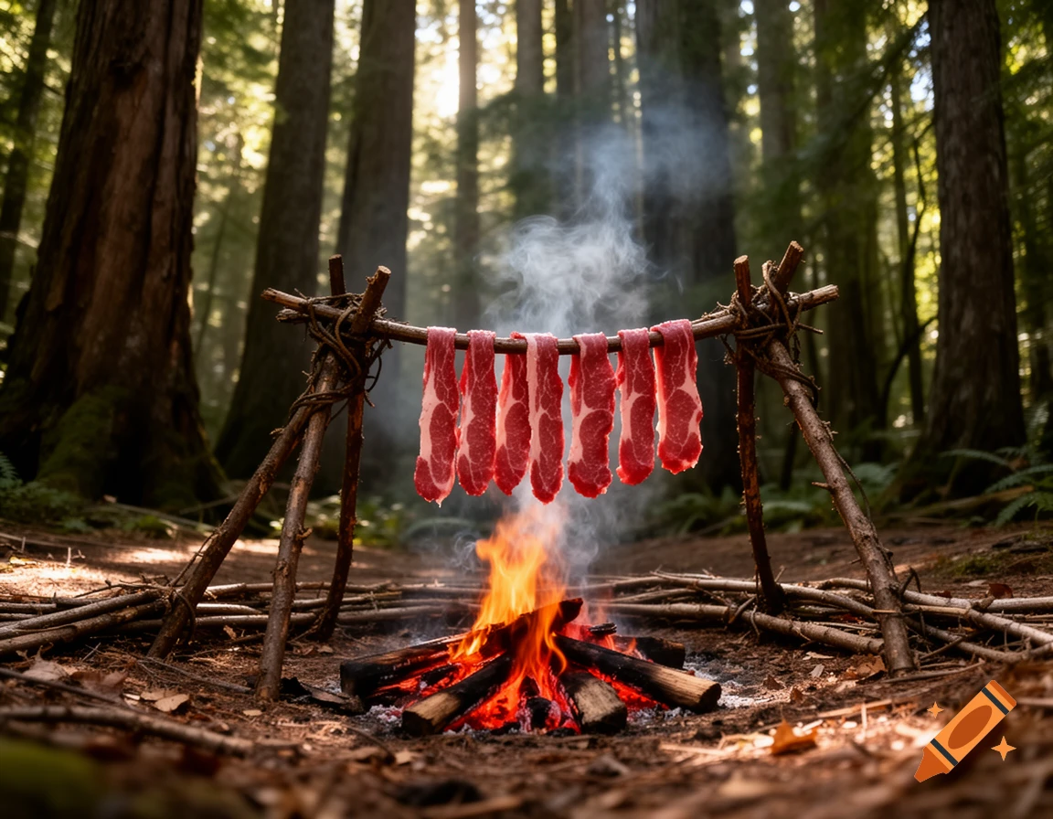 Raw meat strips hanging over a crackling campfire in a sunlit forest.