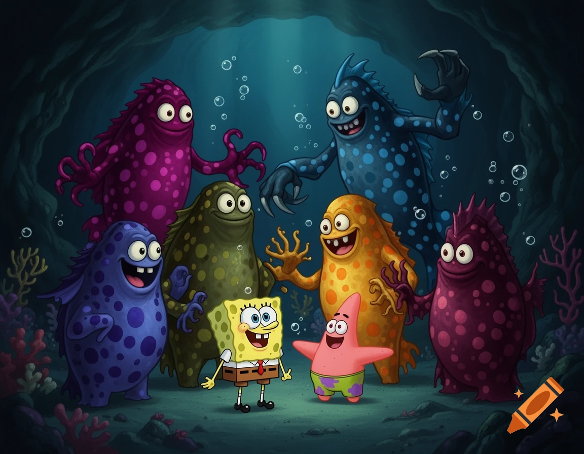 SpongeBob and Patrick stand with various colorful, spotted, anthropomorphic trench monsters in a dark underwater cavern.