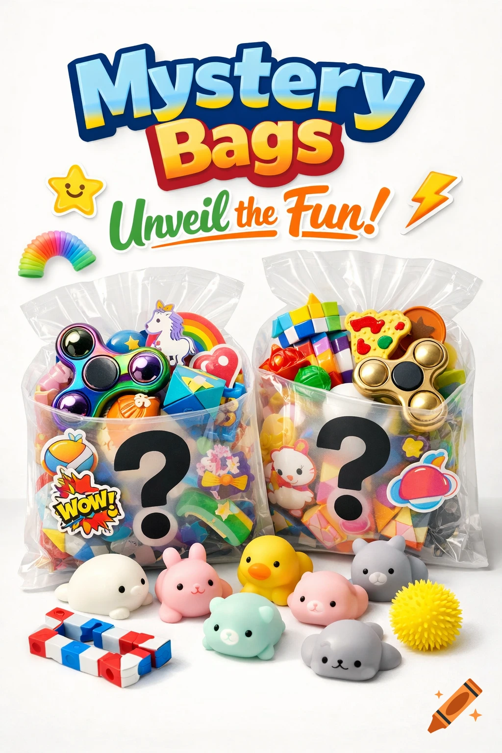 Two clear plastic mystery bags filled with colorful fidget toys, stickers, and small mochi animal toys on a white background, with text 'Mystery Bags Unveil the Fun!'.