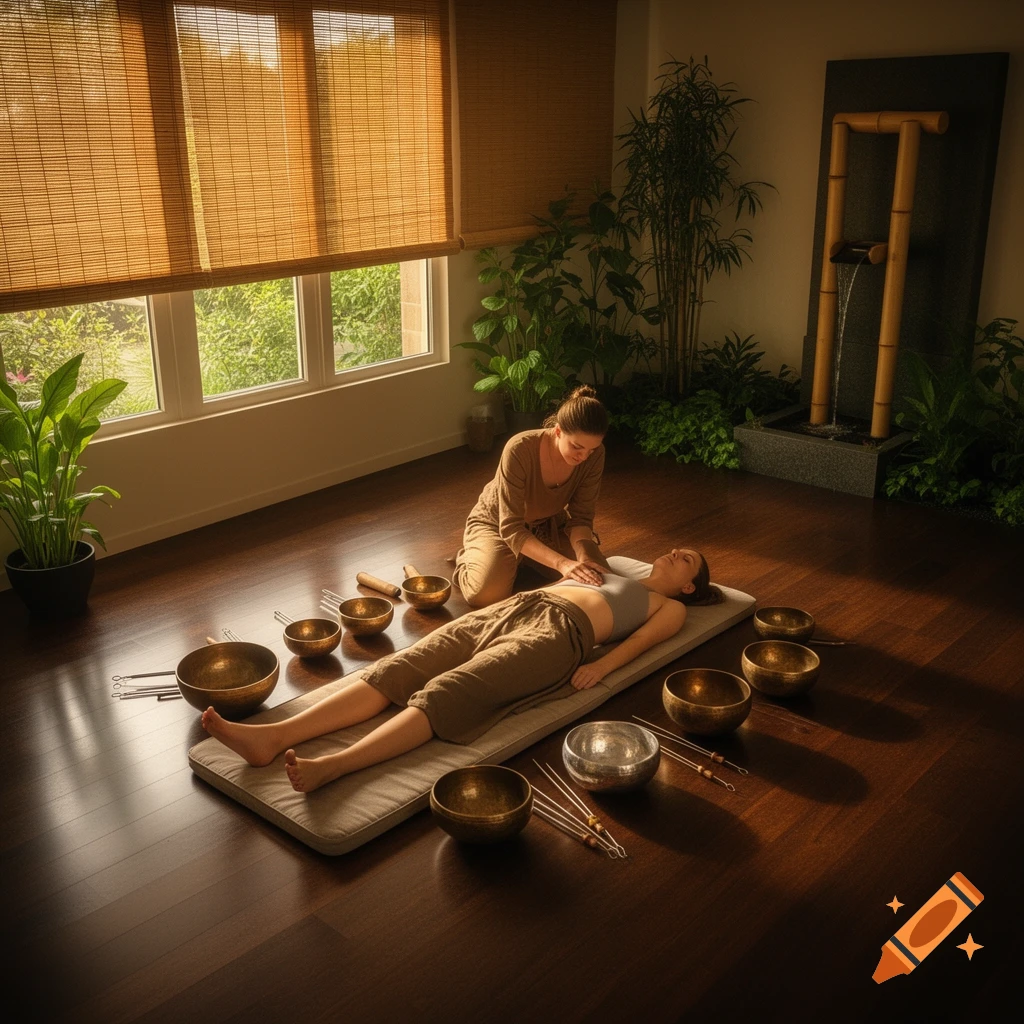 Two women in a serene room with singing bowls, one giving a sound massage to the other, who lies on a mat. Photorealistic.