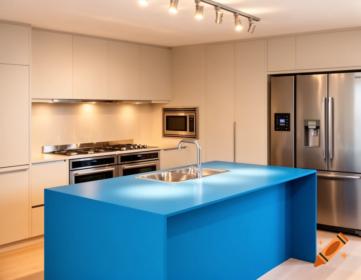 A modern kitchen with light beige cabinetry, stainless steel appliances, and a prominent bright blue island with a double sink.