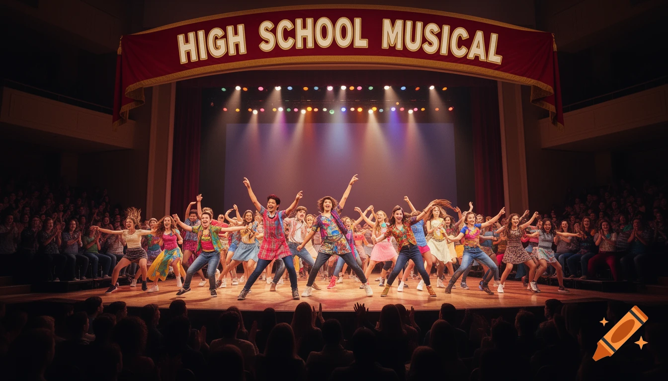 A diverse group of performers on a stage under spotlights, dancing with arms raised, with a banner above reading 'HIGH SCHOOL MUSICAL'.