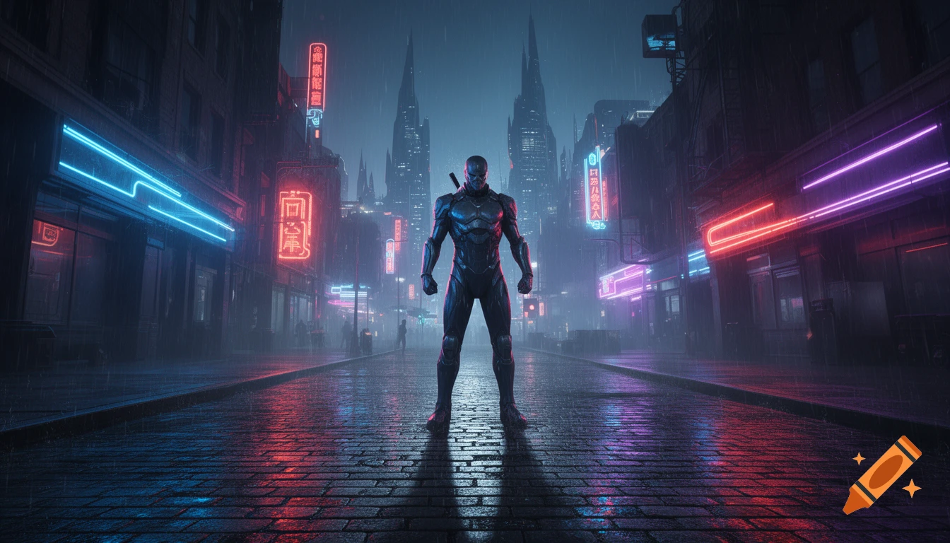A lone warrior in a dark armored suit stands in a rainy, neon-lit cyberpunk city street at night, with reflections on wet pavement.