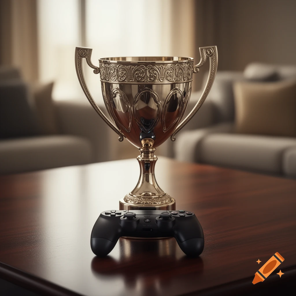 A golden championship trophy stands behind a black PlayStation controller, both resting on a polished wooden table in a blurred living room setting.