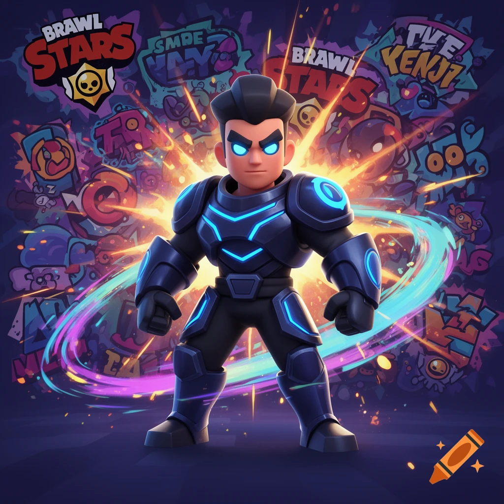 A stylized character in dark blue armor with glowing cyan accents and eyes, standing in front of an explosive, graffiti-style background with "Brawl Stars" logos.