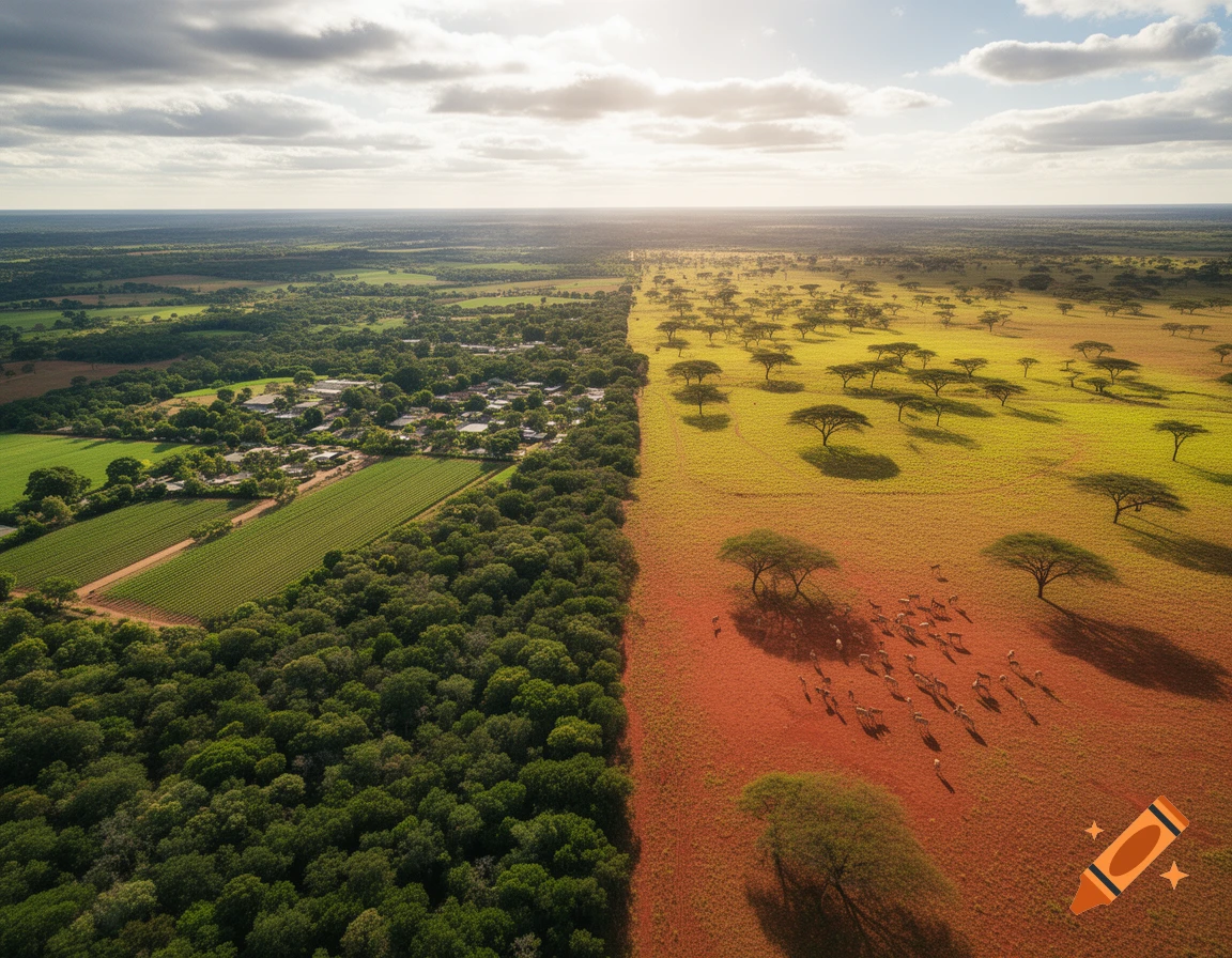 Aerial view of a distinct landscape divided into two halves: lush green forests and farmlands with a small village on the left, and a red-brown savanna dotted with acacia trees and a herd of animals on the right.