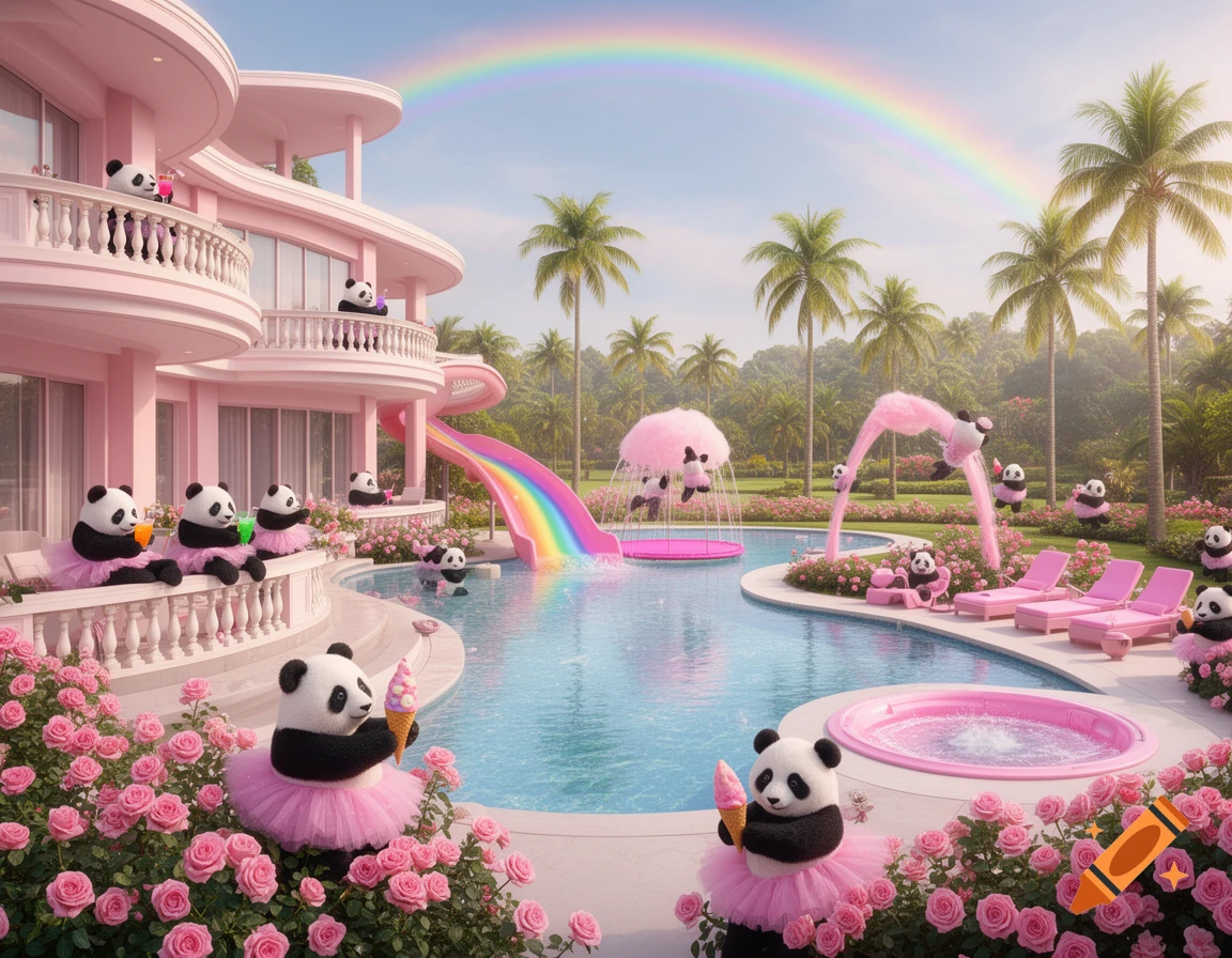 Pandas in pink tutus play and relax at a vibrant pink palace with a pool, rainbow slide, and rose garden, under a clear sky with a rainbow.