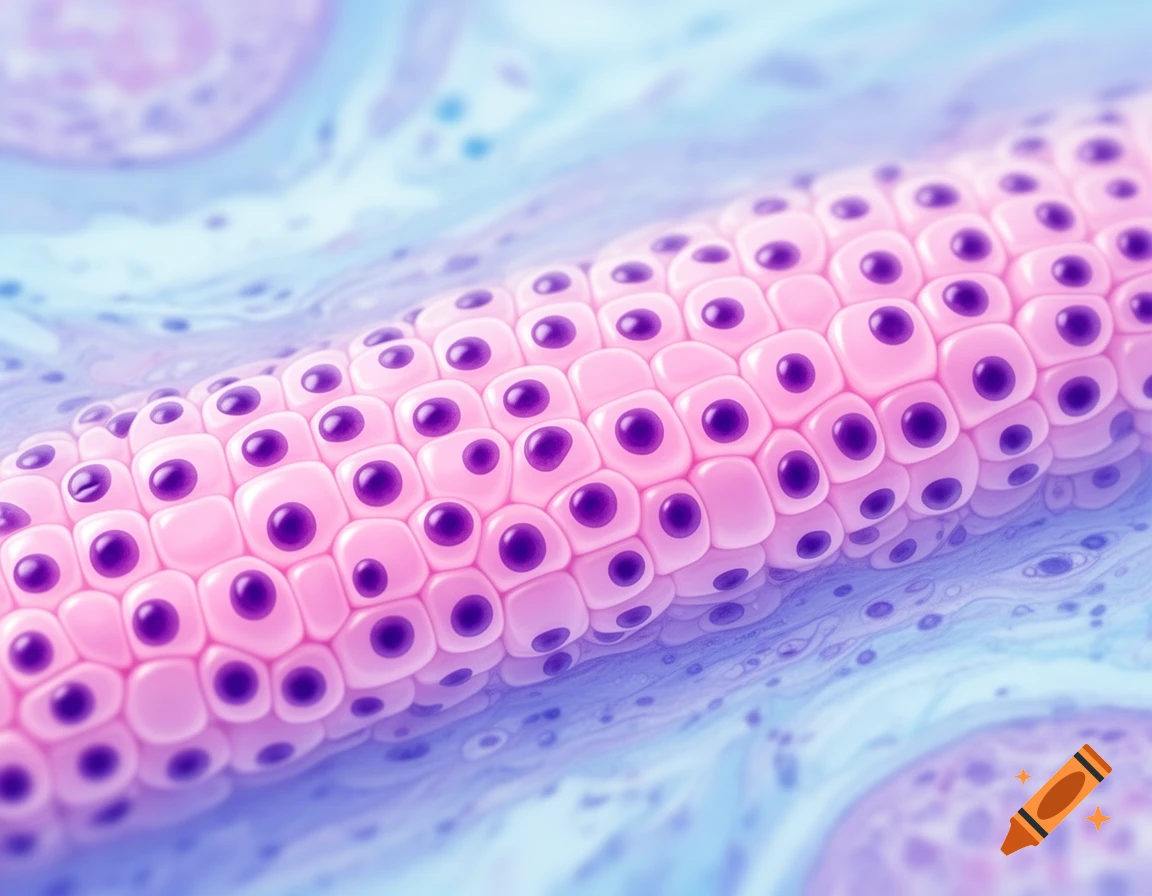 Close-up microscopic view of pink cuboidal cells with dark purple centers arranged in rows, against a blue and purple background.