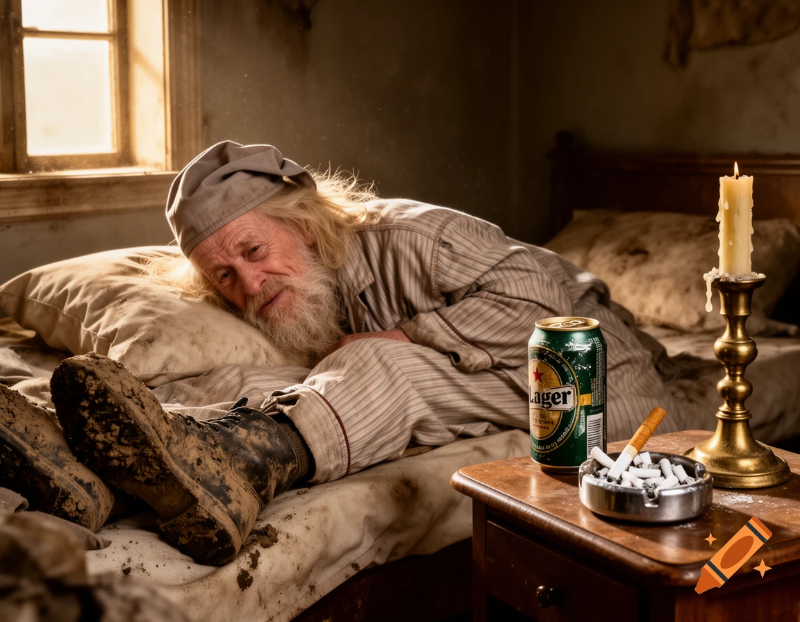 An old man with a long beard and messy hair lies on a dirty bed with muddy boots. A beer, cigarettes, and a lit candle are on a bedside table.