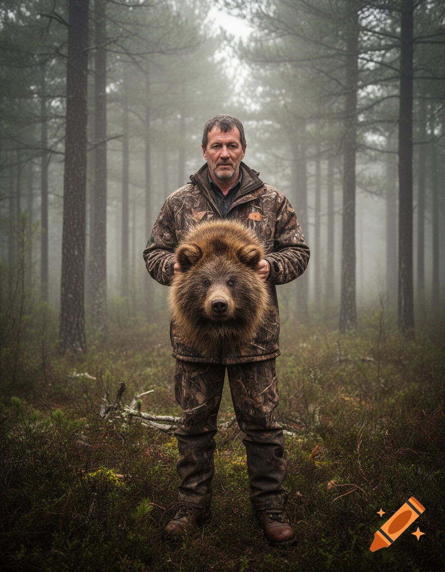 A man in camouflage stands in a misty forest, holding a furry bear head, in a photorealistic style.