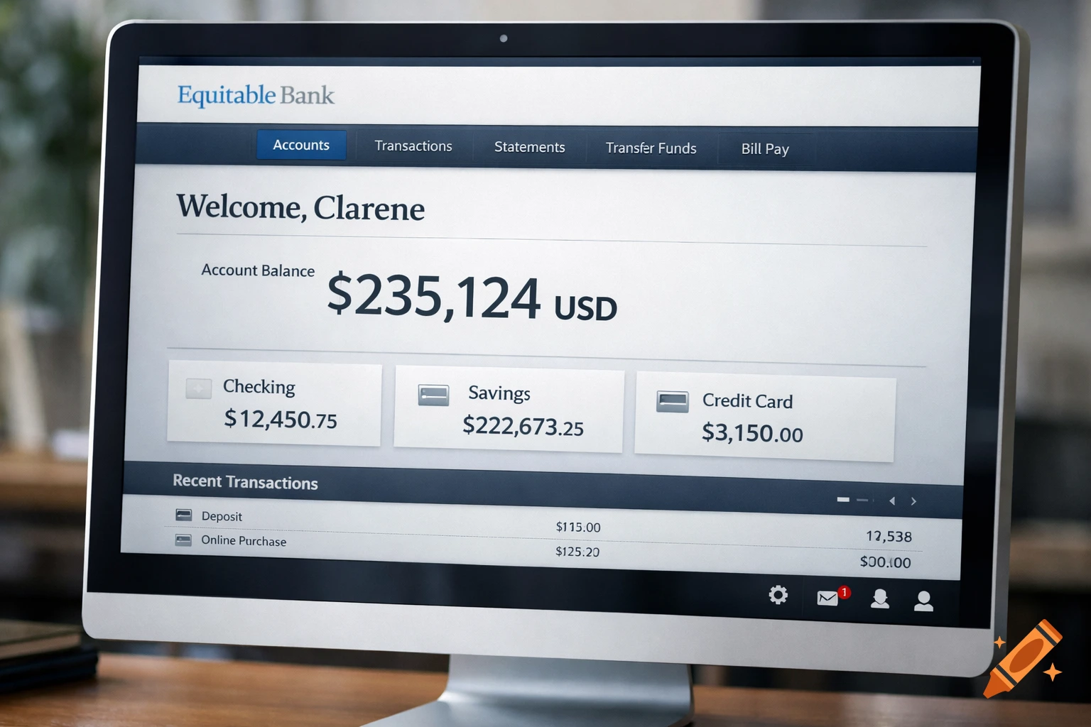 A photorealistic computer screen displays an online banking interface for Equitable Bank, showing account balances.