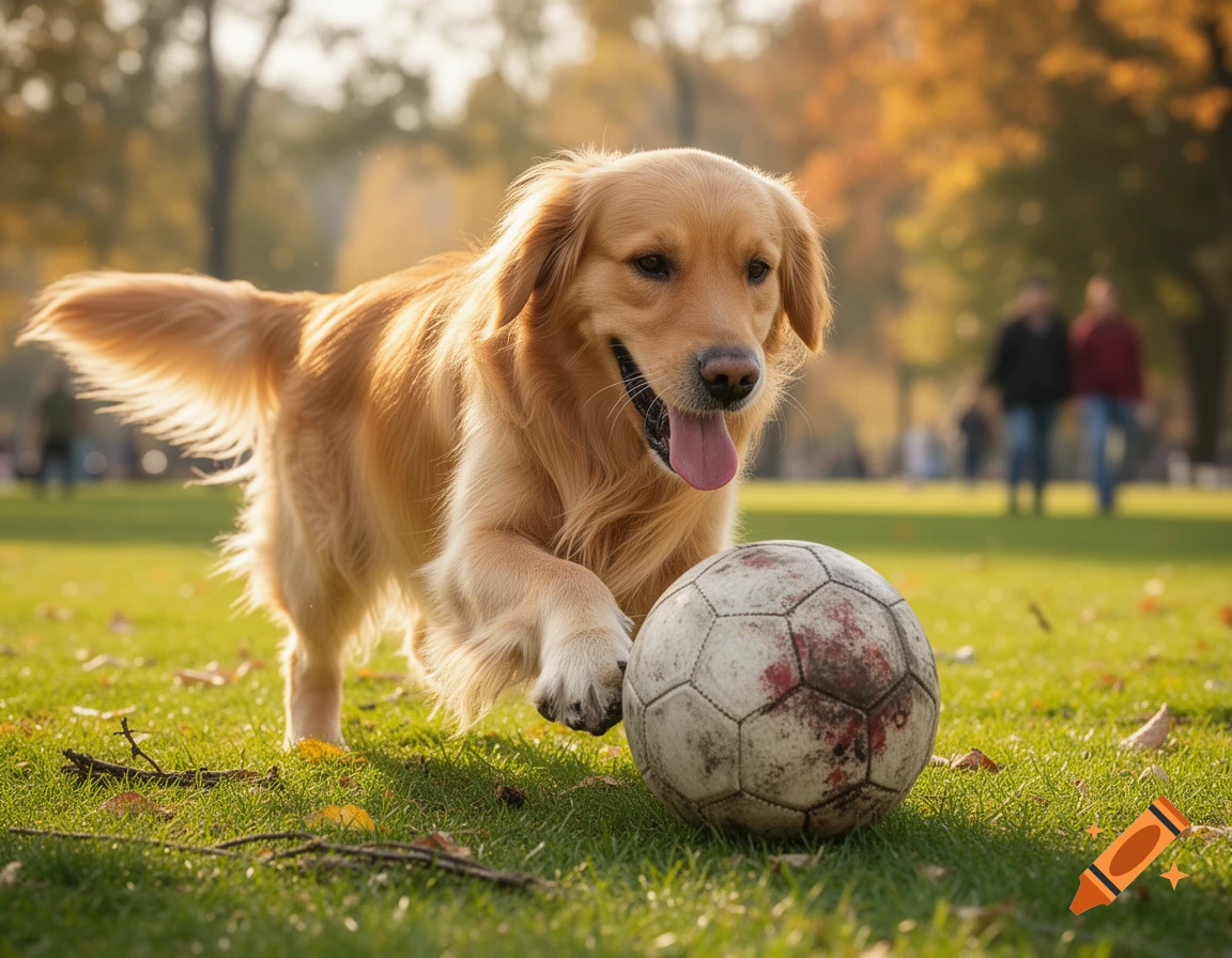A happy golden retriever playfully pounces on a dirty soccer ball in a ...