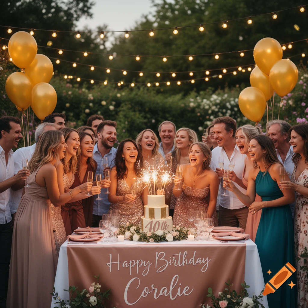 A diverse group of adults celebrates Coralie's 40th birthday outdoors at night, featuring golden balloons, string lights, a cake with sparklers, and a 'Happy Birthday Coralie' banner.
