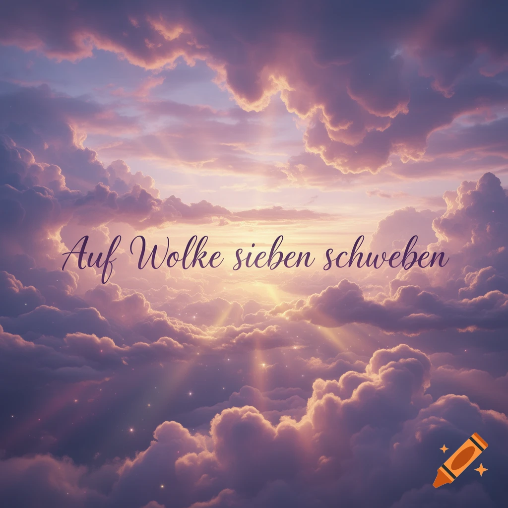 Dreamy purple and pink clouds with sun rays and the German text 'Auf Wolke sieben schweben' in elegant script.