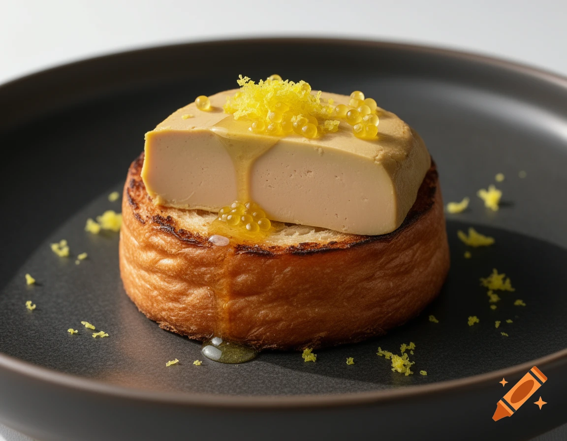 Gourmet foie gras on toasted brioche with yuzu gel pearls and zest, served on a dark ceramic plate in fine dining style.