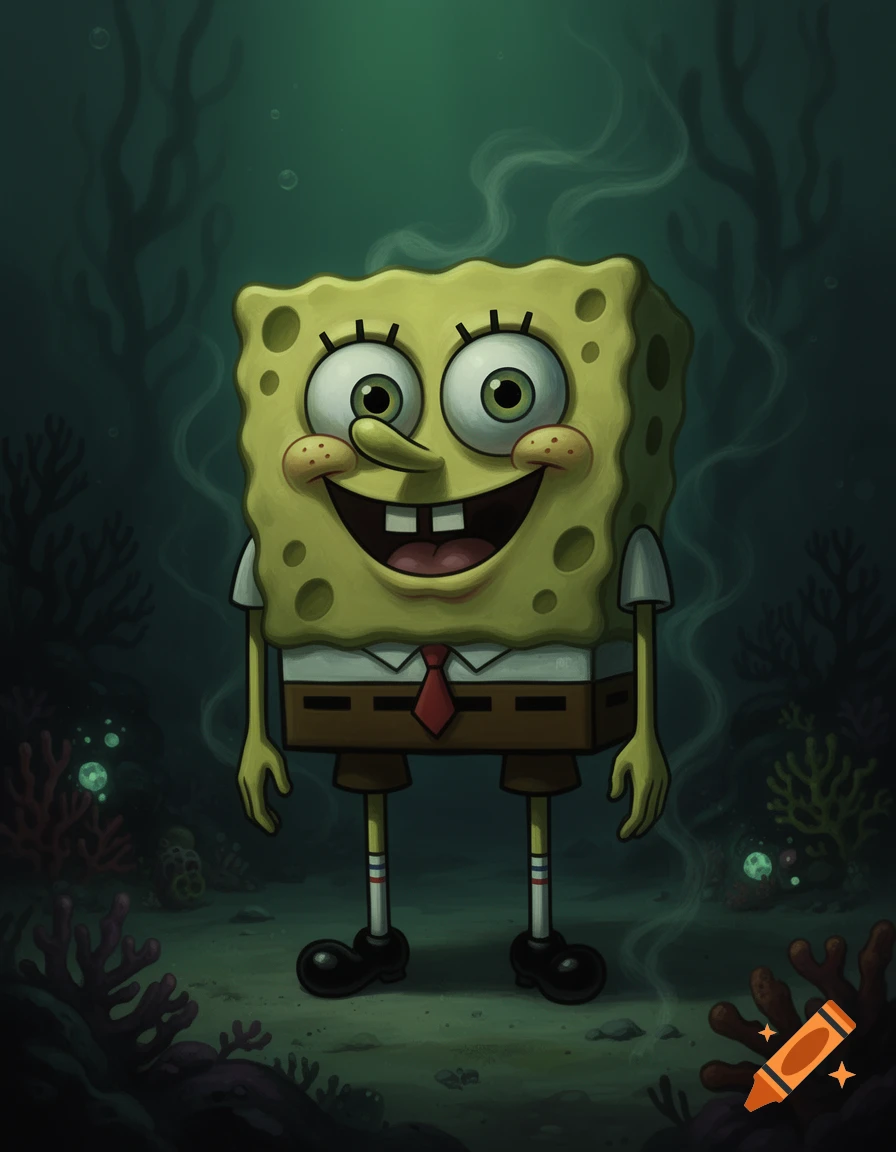 Creepy Spongebob Squarepants with wide eyes, standing in a dark, murky underwater environment with coral.