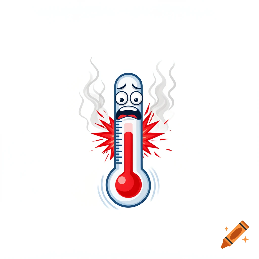 Cartoon thermometer with a scared face, red mercury at the top, steaming and surrounded by red spikes.