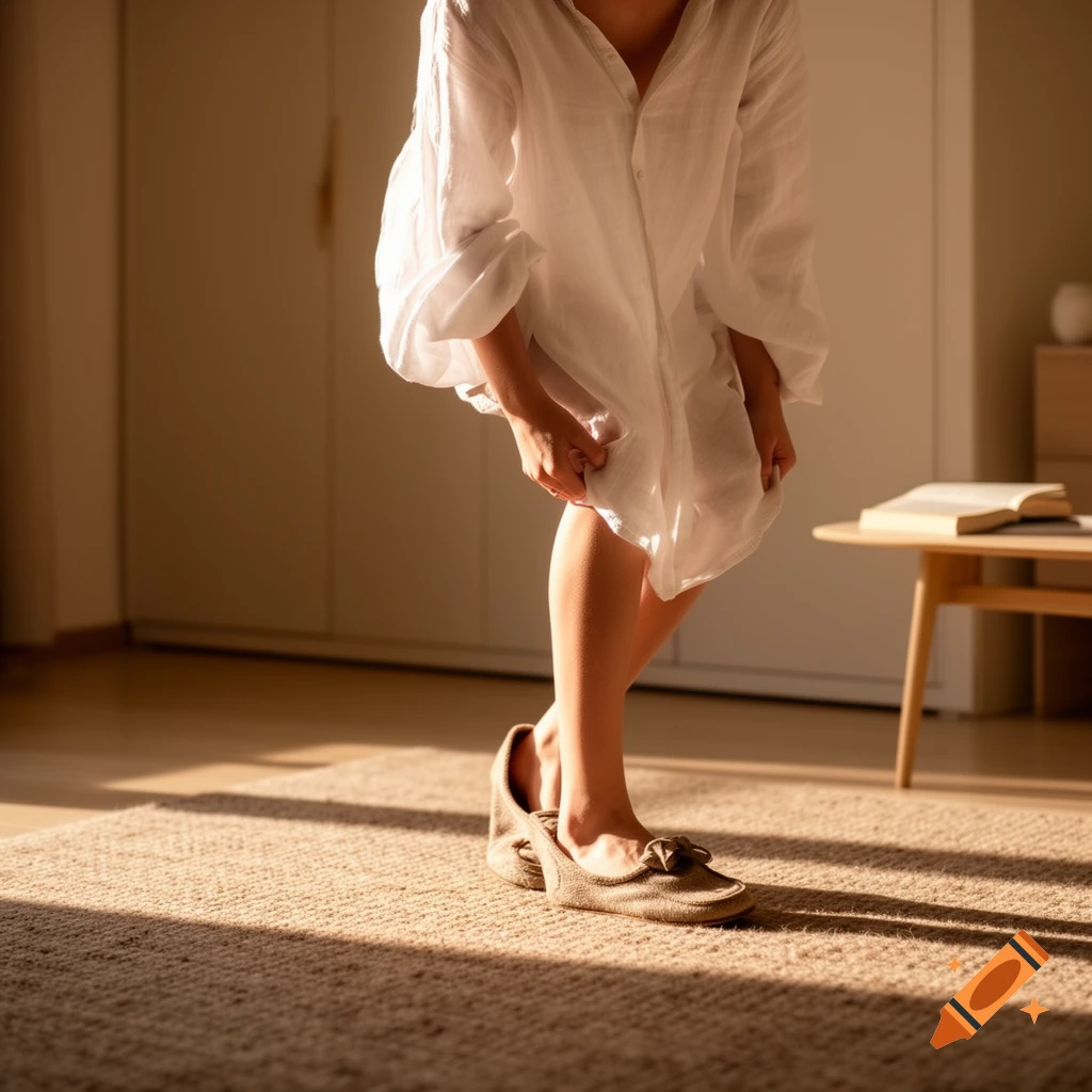 A person in a sunlit room, wearing an oversized white shirt and a slipper, bending to adjust their clothing.