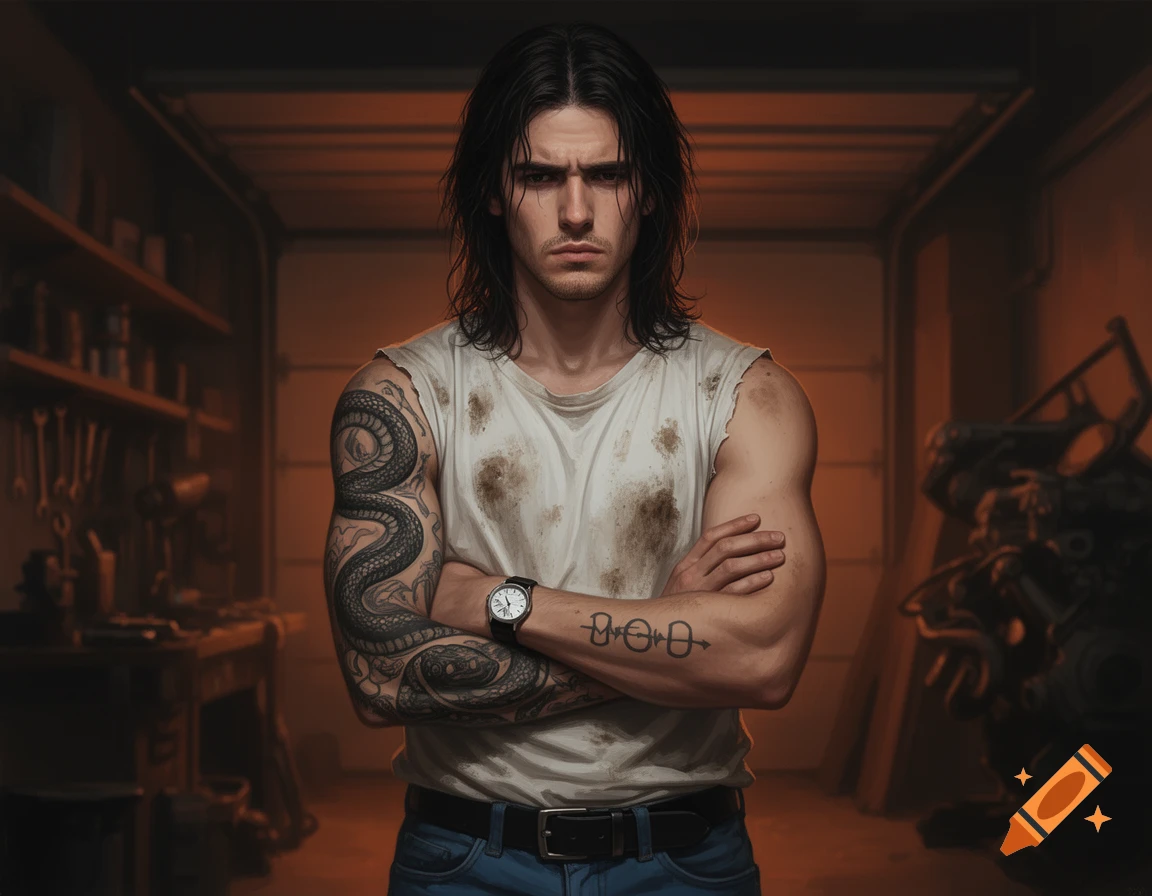 A brooding young man with long dark hair, dirty t-shirt, and snake tattoos on his arms, stands in a dimly lit garage workshop.