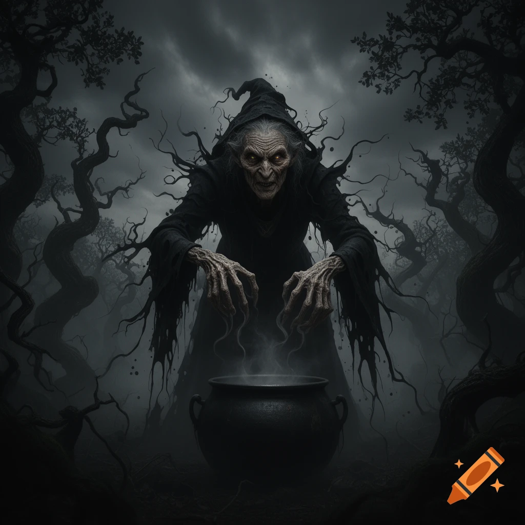 A menacing witch with glowing eyes and gnarled hands leans over a steaming cauldron in a dark, twisted forest, dark fantasy art.